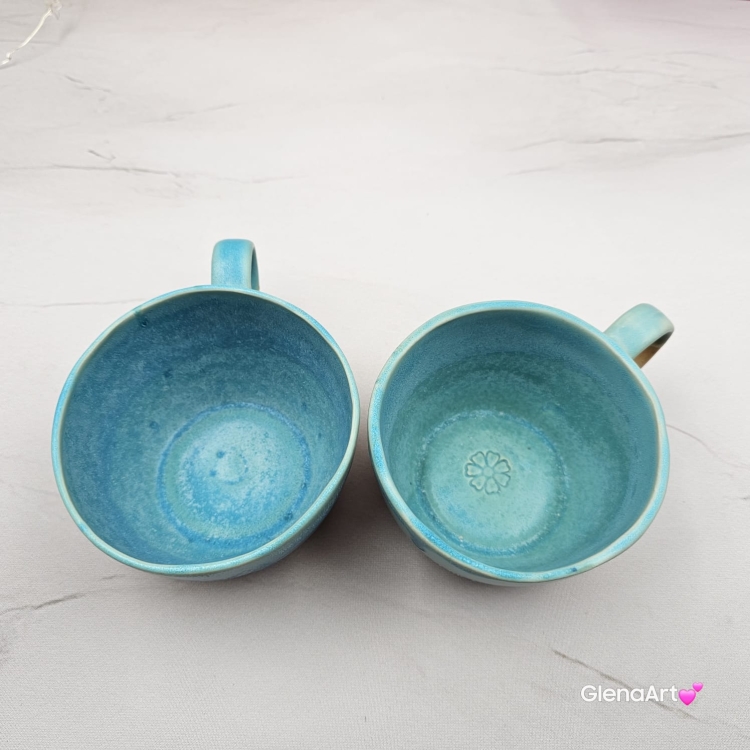 Filiżanka ceramiczna Glena Art turkusowa z uszkiem do kawy herbaty ulubiony kubek ceramiczny ceramika 250 ml z kwiatkiem satynowy turkus