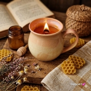 Świeca pszczela w ceramice świeczka z wosku pszczelego wosk pszczeli w beczułce ceramicznej naturalna świeca z 100 % wosku pszczelego naturalny bez chemii pachnąca miodkiem i propolisem naturalna świeczka pszczela 200 g wosk w pojemniku ceramicznym