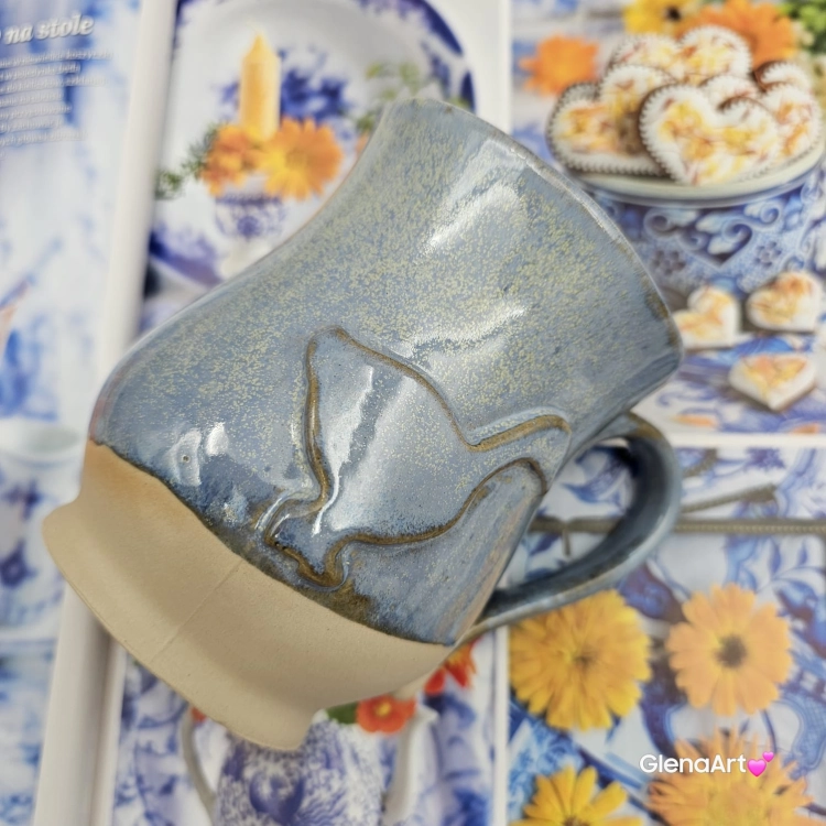 Kubek beczułka duża ceramiczny Glena Art niebieski z uszkiem i gąską do kawy herbaty ulubiony kubek ceramiczny ceramika 400 ml nakrapiane szkliwo gęś