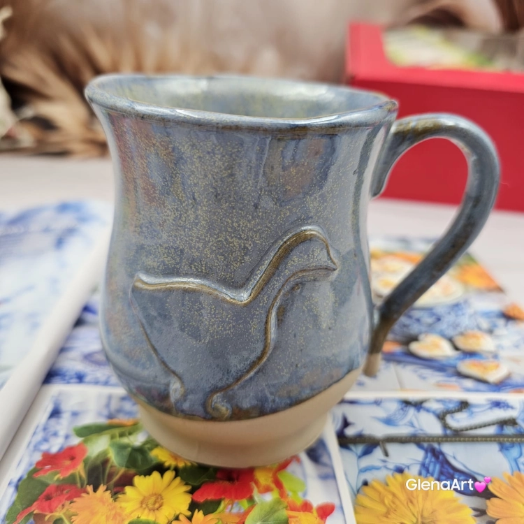 Kubek beczułka duża ceramiczny Glena Art niebieski z uszkiem i gąską do kawy herbaty ulubiony kubek ceramiczny ceramika 400 ml nakrapiane szkliwo gęś