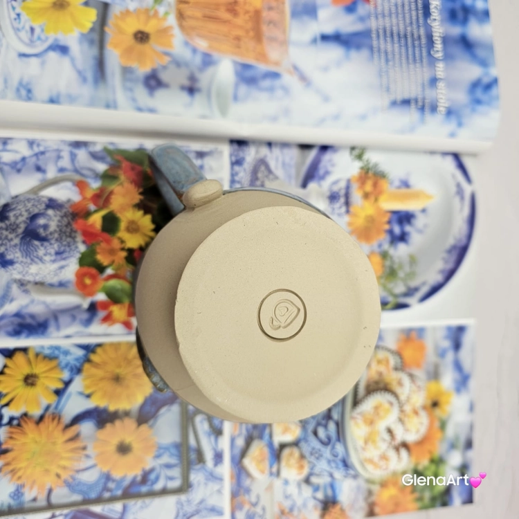 Kubek beczułka duża ceramiczny Glena Art niebieski z uszkiem i gąską do kawy herbaty ulubiony kubek ceramiczny ceramika 400 ml nakrapiane szkliwo gęś