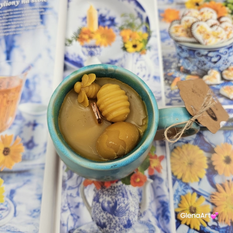 Świeca pszczela w ceramice "Złoty Spokój" świeczka z wosku pszczelego w beczułce ceramicznej naturalna świeca z 100 % wosku pszczelego ceramiczna świeca pachnąca miodkiem i propolisem naturalna świeczka pszczela 200 g wosk w ceramice turkusowej