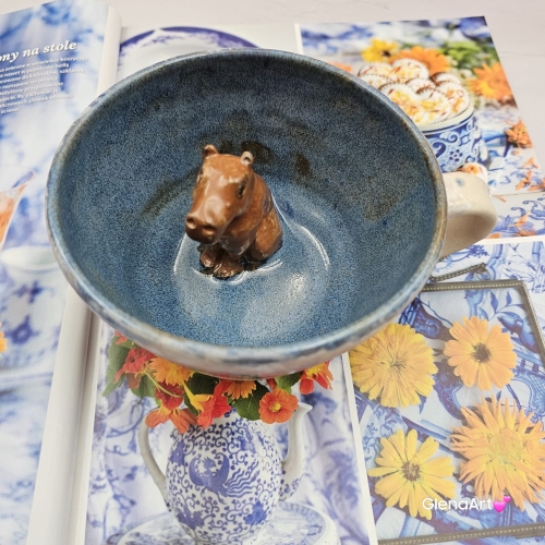 Filiżanka KAPIBARA ceramiczna bez spodka z KAPIBARĄ w środku ręcznie toczona rękodzieło wyjątkowa filiżanka kapibara kubek z kapibarą