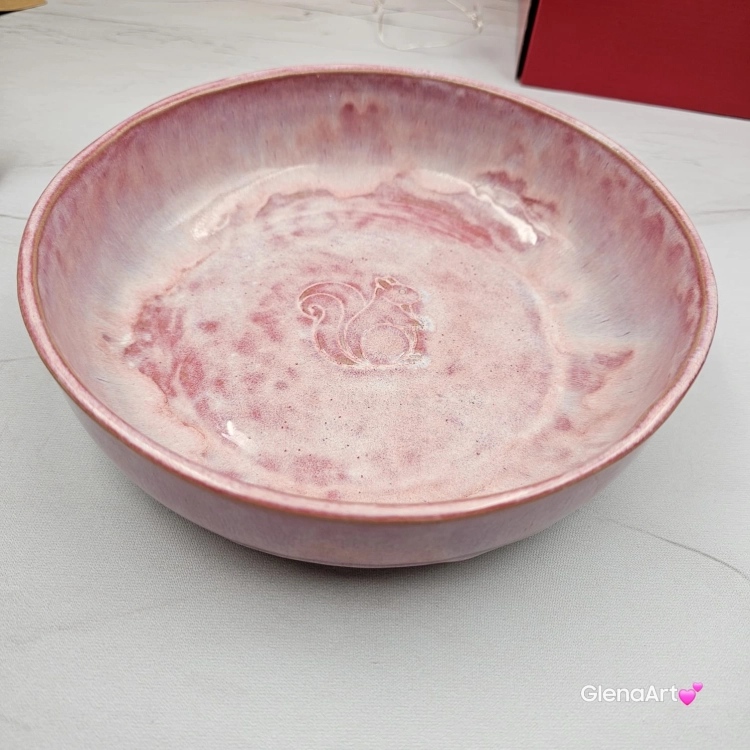 Miska różowa ceramiczna talerz głęboki na zupę 0,8 l ceramiczny różowy ceramika rękodzieło ręcznie robiona z formy miska talerz do zupy z jasnej masy kamionkowej różowa z wiewiórką