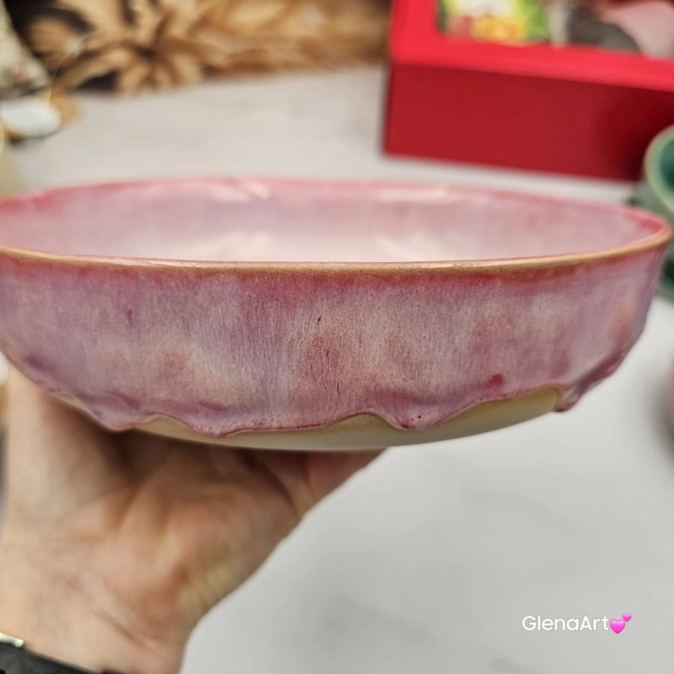Miska różowa ceramiczna Glena Art talerz głęboki na zupę 0,8 l ceramiczny różowy ceramika rękodzieło ręcznie robiona z formy miska talerz do zupy z jasnej masy kamionkowej różowa ociekający efekt