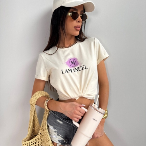 T-shirt LA MANUEL DRIP kokos - ONE SIZE Bawełna 100% LAMANUEL z fioletowym logo koszulka damska kolor kokos i logo fioletowe LAMANUEL
