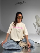 Tshirt BLANK kokos LA MANUEL 100 % bawełna różowy napis ONE SIZE bluzka z krótkim rękawem i logo beżowa bluzka