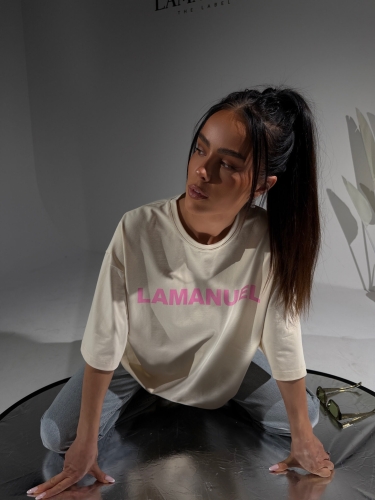 Tshirt BLANK kokos LA MANUEL 100 % bawełna różowy napis ONE SIZE bluzka z krótkim rękawem i logo beżowa bluzka
