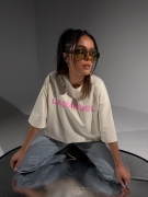 Tshirt BLANK kokos LA MANUEL 100 % bawełna różowy napis ONE SIZE bluzka z krótkim rękawem i logo beżowa bluzka