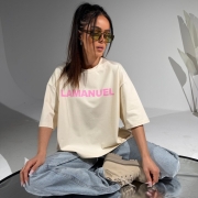 Tshirt BLANK kokos LA MANUEL 100 % bawełna różowy napis ONE SIZE bluzka z krótkim rękawem i logo beżowa bluzka