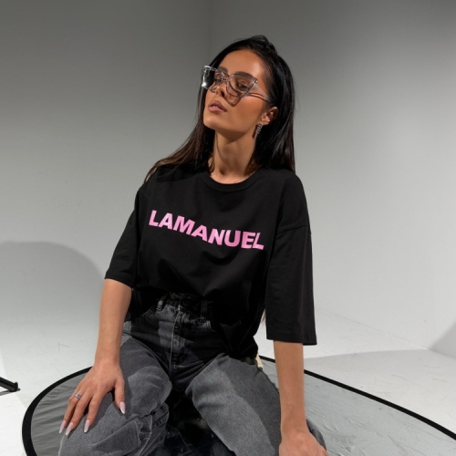 Tshirt BLANK czarny LA MANUEL 100 % bawełna różowy napis ONE SIZE bluzka z krótkim rękawem i logo czarna bluzka