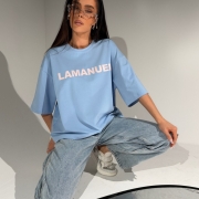 Tshirt bluzka błękitna BLANK baby blue LA MANUEL 100 % bawełna biały napis ONE SIZE bluzka z krótkim rękawem i logo czarna bluzka