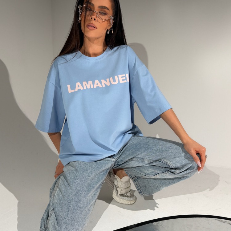 Tshirt bluzka błękitna BLANK baby blue LA MANUEL 100 % bawełna biały napis ONE SIZE bluzka z krótkim rękawem i logo czarna bluzka
