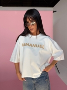 Tshirt bluzka błękitna BLANK ecru/beż LA MANUEL 100 % bawełna biały napis ONE SIZE bluzka z krótkim rękawem i logo La Manuel ecru bluzka