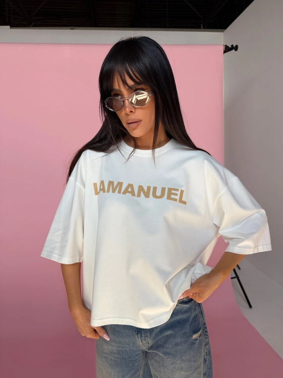 Tshirt bluzka błękitna BLANK ecru/beż LA MANUEL 100 % bawełna biały napis ONE SIZE bluzka z krótkim rękawem i logo La Manuel ecru bluzka