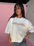 Tshirt bluzka błękitna BLANK ecru/beż LA MANUEL 100 % bawełna biały napis ONE SIZE bluzka z krótkim rękawem i logo La Manuel ecru bluzka
