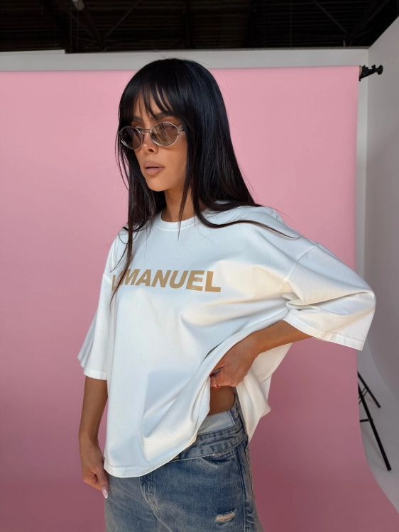 Tshirt bluzka błękitna BLANK ecru/beż LA MANUEL 100 % bawełna biały napis ONE SIZE bluzka z krótkim rękawem i logo La Manuel ecru bluzka