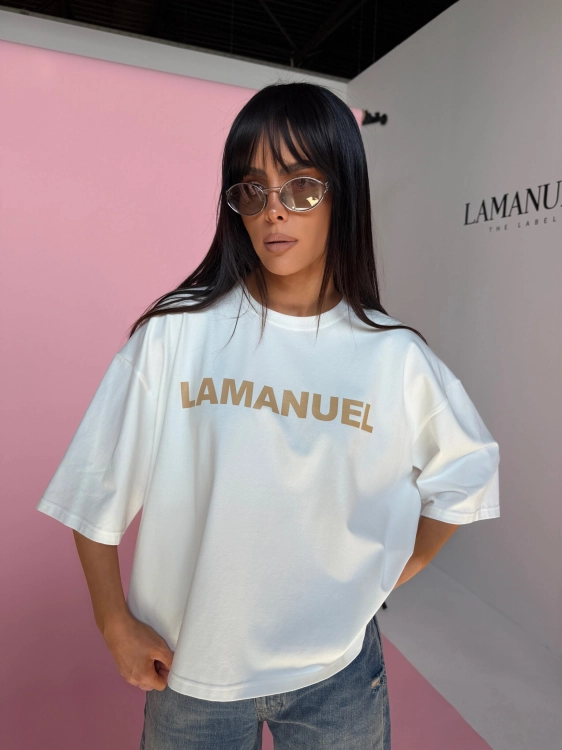 Tshirt bluzka błękitna BLANK ecru/beż LA MANUEL 100 % bawełna biały napis ONE SIZE bluzka z krótkim rękawem i logo La Manuel ecru bluzka