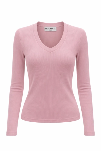 Bluzka ZURI - brudny róż La Balancia z długim rękawem w prążek XS/S i M/L elegancka bluzka z dekoltem V piękna brudny róż