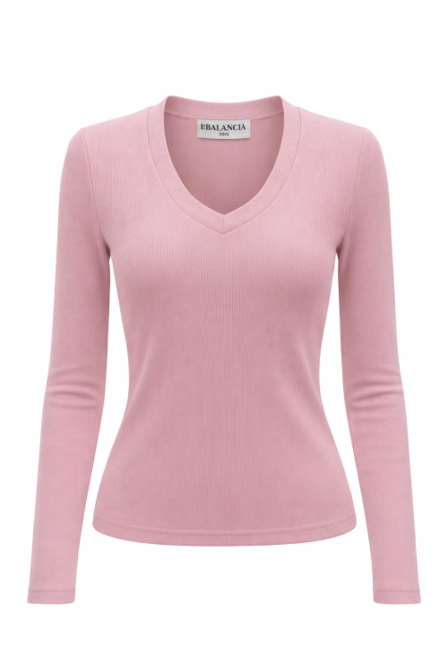 Bluzka ZURI - brudny róż La Balancia z długim rękawem w prążek XS/S i M/L elegancka bluzka z dekoltem V piękna brudny róż