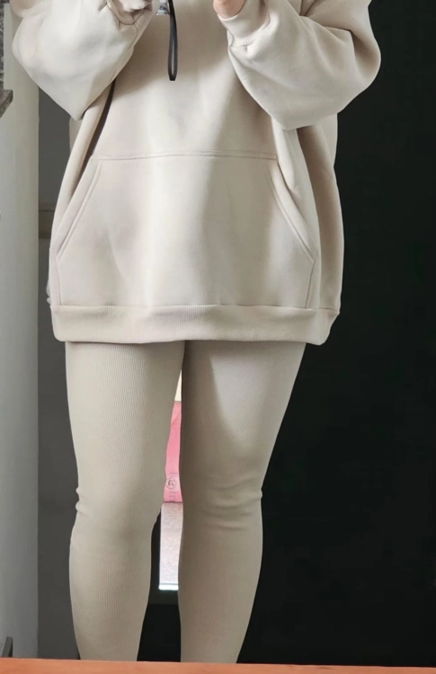 Komplet RARITY - Beżowy LaBalancia XS/S bluza ovesize + legginsy w prążek wygodny komplet na co dzień bawełna