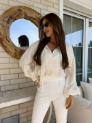 Bluzka BOHO – jasny beż XS koszulowa elegancka bluzka z bufkami i sznurkami