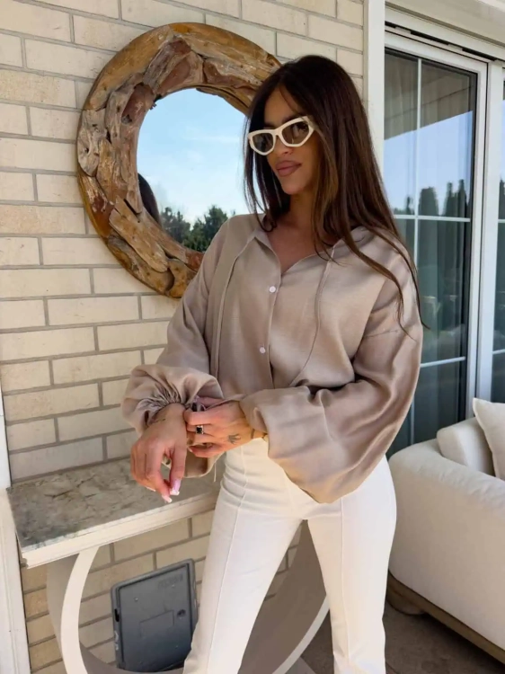 Bluzka BOHO – mokka XS koszulowa elegancka bluzka z bufkami i troczkami