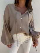 Bluzka BOHO – mokka XS koszulowa elegancka bluzka z bufkami i troczkami