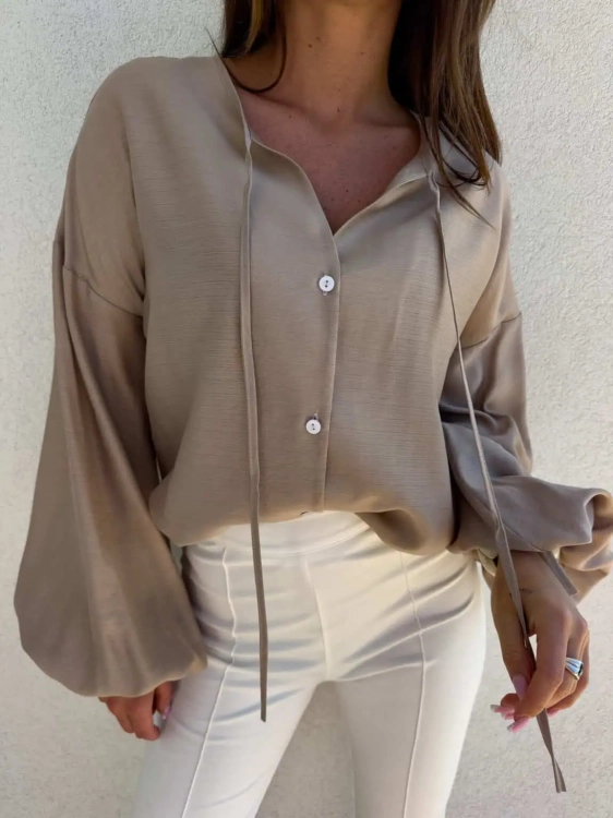 Bluzka BOHO – mokka XS koszulowa elegancka bluzka z bufkami i troczkami