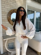Bluzka BOHO – ecru XS koszulowa elegancka bluzka z bufkami i troczkami