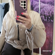 Bluzka BOHO – mokka XS koszulowa elegancka bluzka z bufkami i troczkami