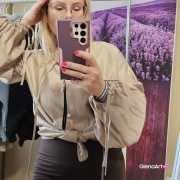 Bluzka BOHO – mokka XS koszulowa elegancka bluzka z bufkami i troczkami