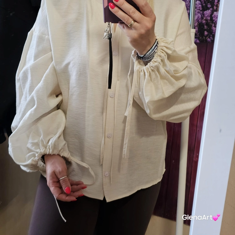 Bluzka BOHO – jasny beż XS koszulowa elegancka bluzka z bufkami i sznurkami