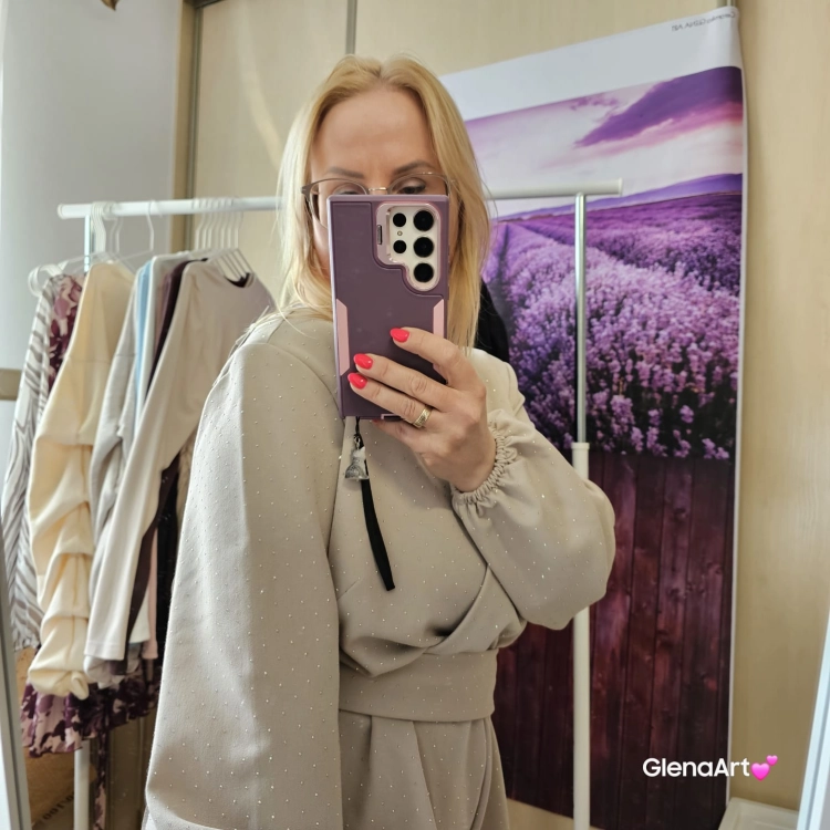 Kombinezon GLOW z cyrkoniami - Beżowy LaBalancia na wiosnę i lato miły materiał pasek do wiązania elegancki kombinezon na mniejsze i większe wyjścia XS/S i M/L