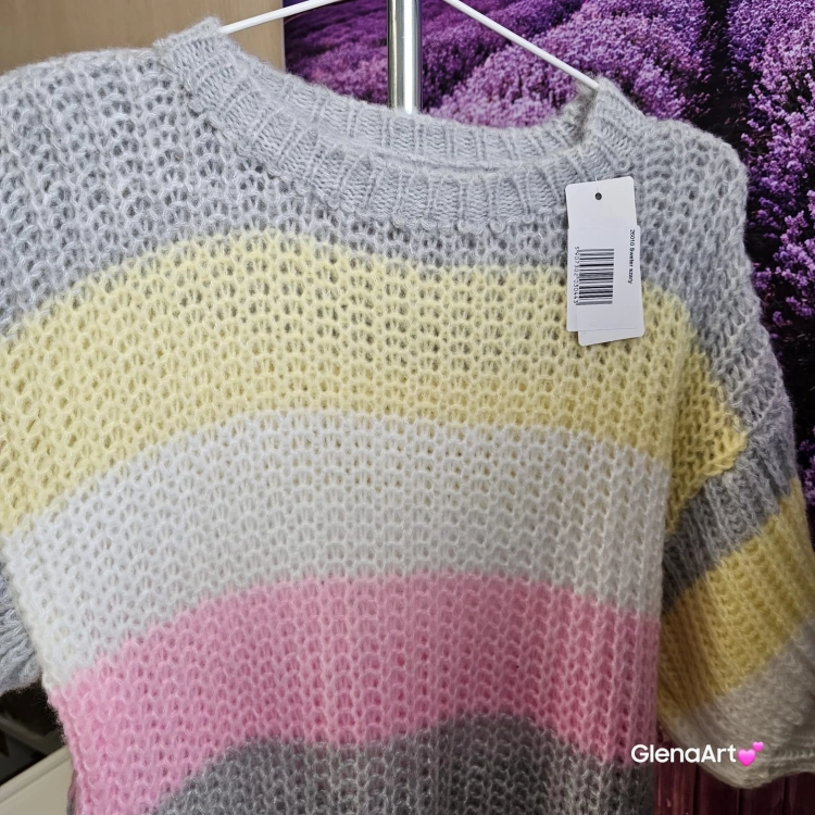 Sweter damski ażurowy w kolorowe pasy z krótkim rękawem szaro - żółto - różowy mięciutki