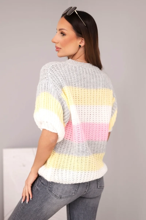 Sweter damski ażurowy w kolorowe pasy z krótkim rękawem szaro - żółto - różowy mięciutki