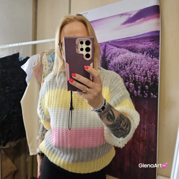 Sweter damski ażurowy w kolorowe pasy z krótkim rękawem szaro - żółto - różowy mięciutki