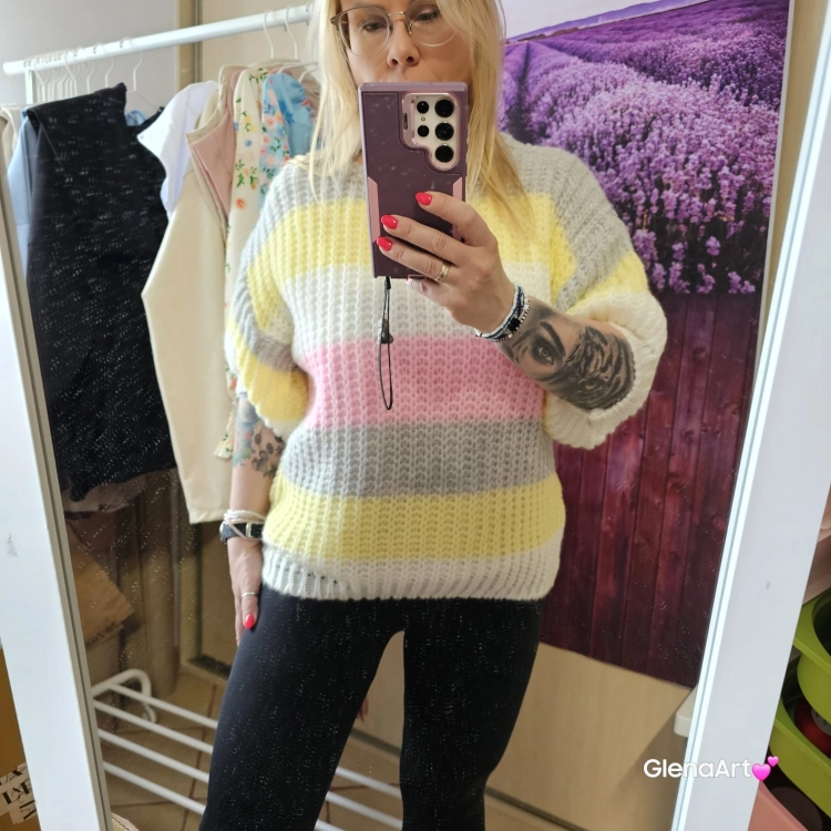 Sweter damski ażurowy w kolorowe pasy z krótkim rękawem szaro - żółto - różowy mięciutki