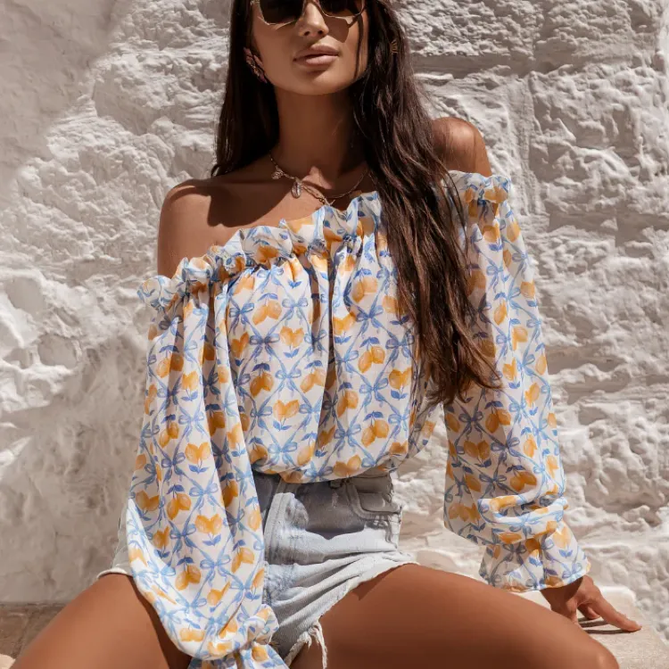 Bluzka Hiszpanka MIA - Blue limones kokardki LaBalancia cudny letni model Uni 70 % len