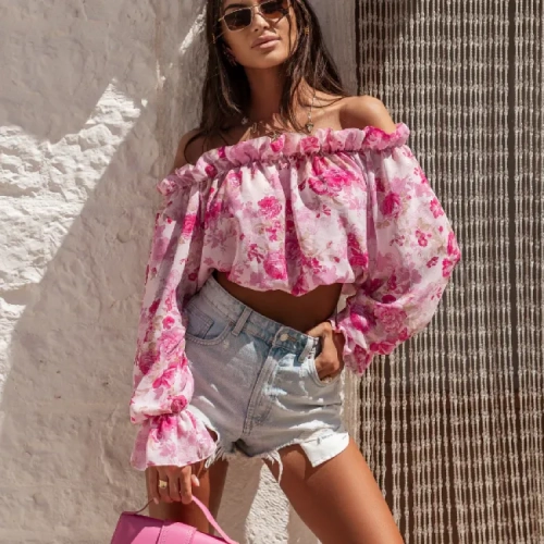Bluzka Hiszpanka MIA - Pink Fiora róże LaBalancia cudny letni model Uni 70 % len