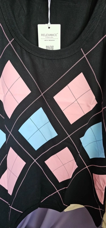 Czarny luźny top w romby letnia bluzka bez rękawów top czarny i róż Uni s/m/l