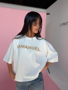 Tshirt BLANK ecru/beż LA MANUEL 100 % bawełna beżowy napis ONE SIZE bluzka z krótkim rękawem i logo bawełna bluzka