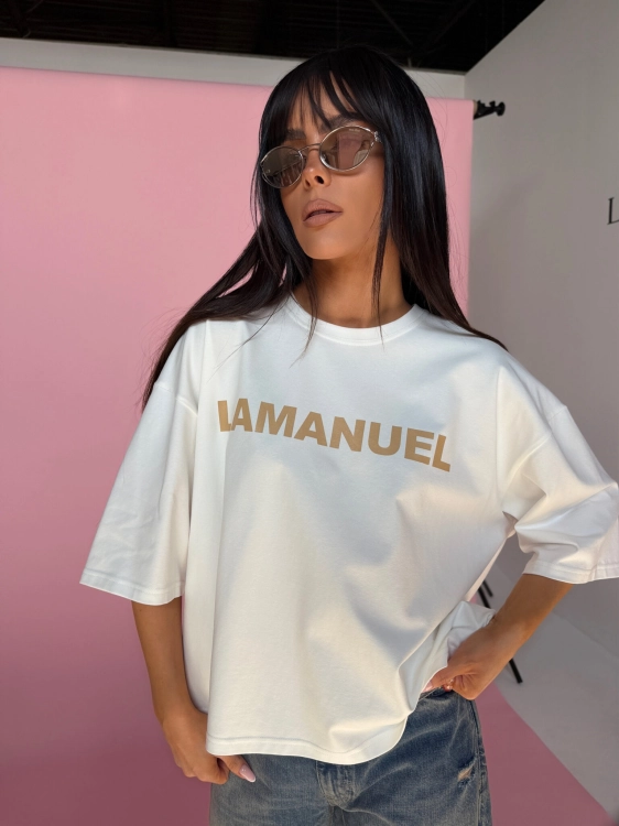 Tshirt BLANK ecru/beż LA MANUEL 100 % bawełna beżowy napis ONE SIZE bluzka z krótkim rękawem i logo bawełna bluzka