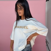 Tshirt BLANK ecru/beż LA MANUEL 100 % bawełna beżowy napis ONE SIZE bluzka z krótkim rękawem i logo bawełna bluzka
