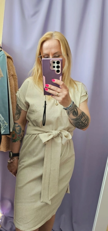 Sukienka len Lniana CALMA S/M i L/XL 70 % len beżowa len cudowna lniana sukienka z paskiem