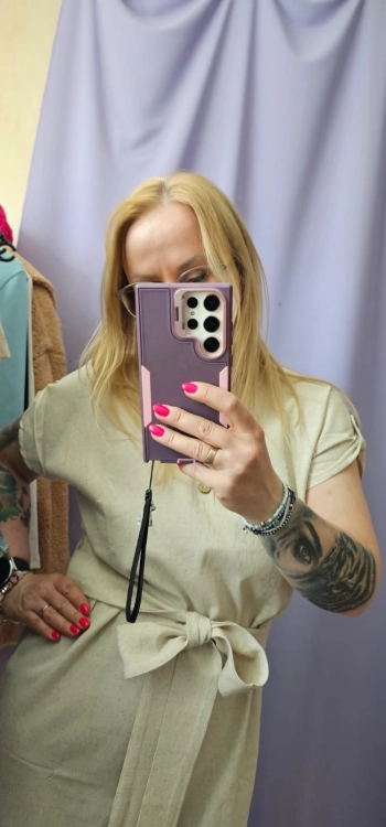 Sukienka len Lniana CALMA S/M i L/XL 70 % len beżowa len cudowna lniana sukienka z paskiem