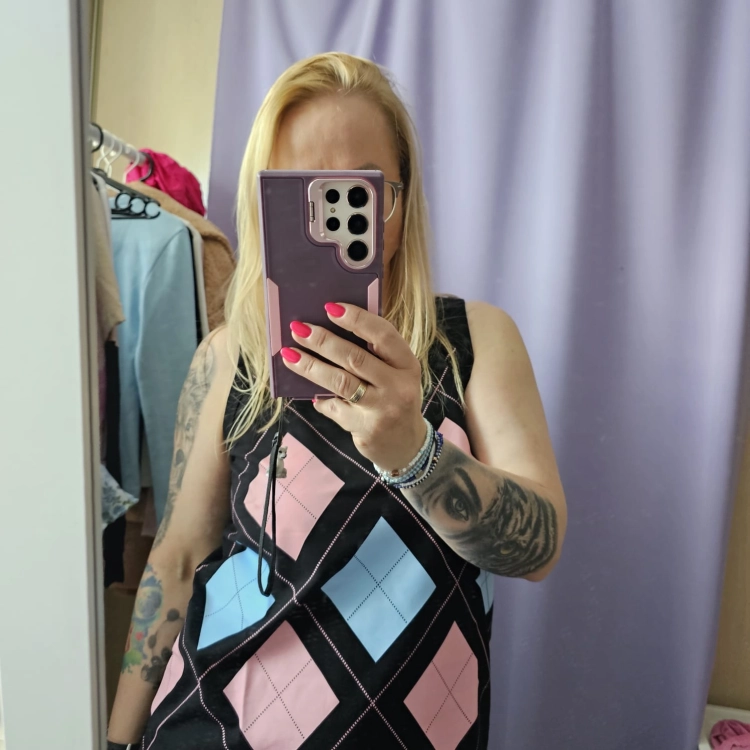 Czarny luźny top w romby letnia bluzka bez rękawów top czarny i róż Uni s/m/l