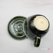 Filiżanka KOŃ ceramiczna ze spodkiem i KONIEM - SIWYM w plamki ręcznie toczona i malowana w koń ze spodkiem prezent dla koniarza w kolorze zieleni głębi oceanu i seledynu przenikające się szkliwa kubek koń