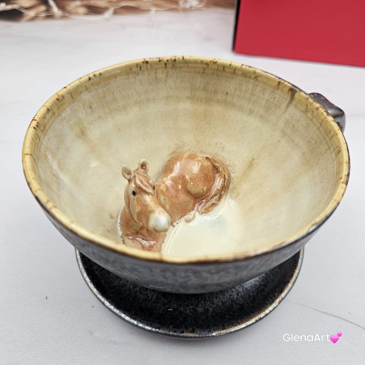 Ceramika filiżanka ceramiczna z jasnym gniadym KOŃ ze spodkiem i figurką gniadego konia wewnątrz filiżanki ręcznie toczona i malowana w kolorze metalicznego grafitu ceramika użytkowa kubek z koniem koń w filiżance filiżanka z koniem piękna ceramika
