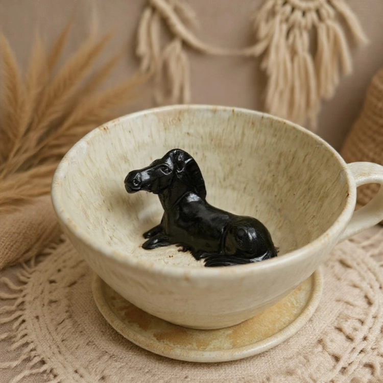 Filiżanka KOŃ ceramiczna ze spodkiem i KONIEM - KARYM w środku ręcznie toczona i malowana w koń ze spodkiem prezent dla koniarza w kolorach białych i beżowych kubek koń kary